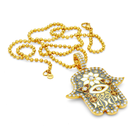 LARGE GREY HAMSA PENDANT WITH DIAMONDS