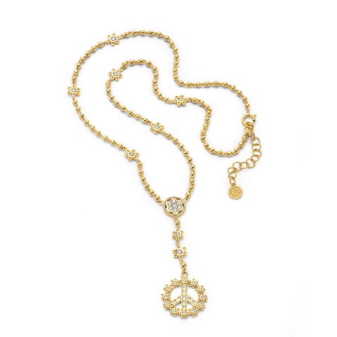 FLOWER PEACE SIGN NECKLACE SET WITH DIAMONDS ON GOLD BALL CHAIN