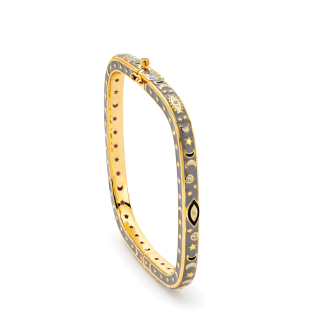 EVIL EYE SQUARE HINGED BANGLE WITH GREY ENAMEL AND DIAMONDS