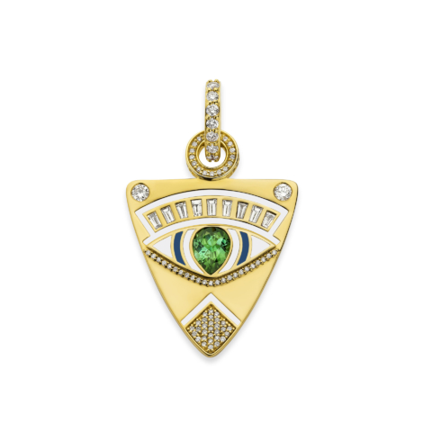 EVIL EYE GUITAR PICK PENDANT WITH GREEN TOURMALINE AND DIAMONDS