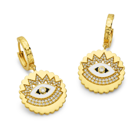 EVIL EYE SCALLOPED HUGGIE EARRINGS WITH ENAMEL AND DIAMONDS