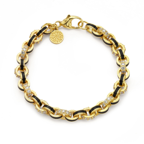 BLACK ENAMEL AND DIAMOND LINK BRACELET WITH GOLD