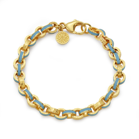 SKY BLUE ENAMEL AND HAMMERED GOLD LINK BRACELET