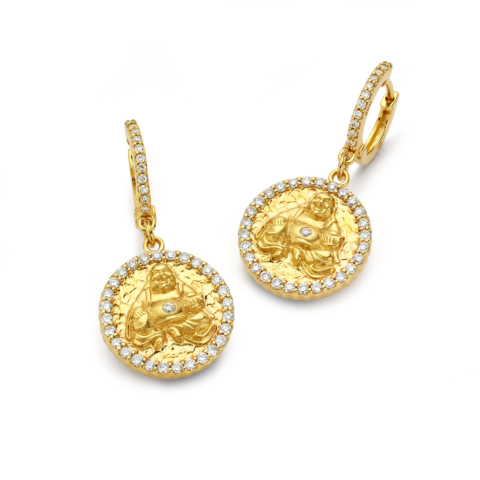 BUDDHA COIN HUGGIE EARRINGS WITH HAMMERED GOLD AND DIAMONDS