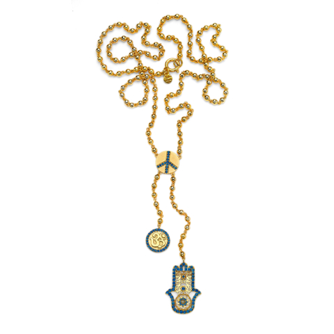 GOLD PEACE, OM AND HAMSA ROSARY WITH BLUE SAPPHIRES