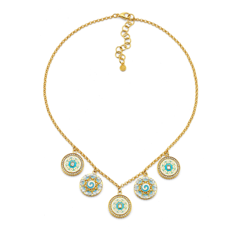 SKY BLUE AND WHITE ENAMEL MANDALA COIN NECKLACE WITH DIAMONDS