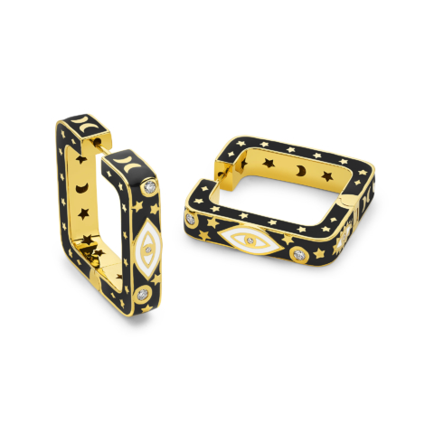 EVIL EYE SQUARE HOOP EARRINGS WITH BLACK ENAMEL AND DIAMONDS