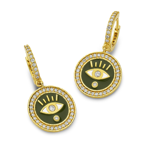 EVIL EYE HUGGIE EARRINGS WITH ARMY ENAMEL AND DIAMONDS
