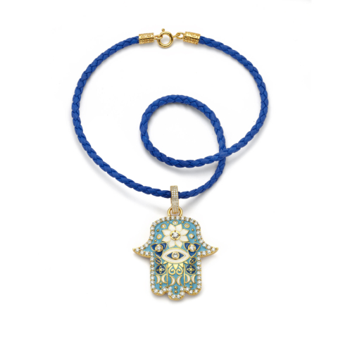 MEDIUM SKY BLUE HAMSA PENDANT WITH DIAMONDS