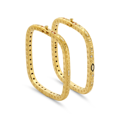 EVIL EYE SQUARE HINGED BANGLE WITH GOLD AND DIAMONDS