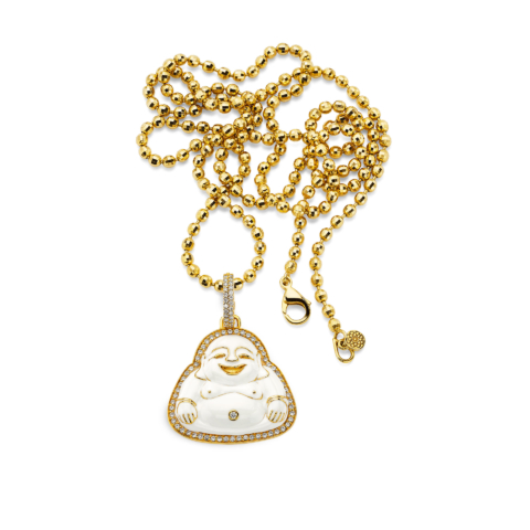 MEDIUM WHITE ENAMEL HAPPY BUDDHA PENDANT WITH DIAMONDS