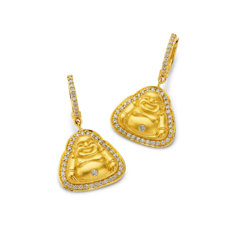 BABY MATTE-FINISH HAPPY BUDDHA HUGGIE EARRINGS WITH DIAMONDS
