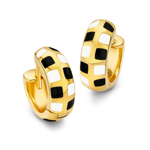 BLACK AND WHITE CHECKERED CHUNKY HUGGIE HOOP EARRINGS