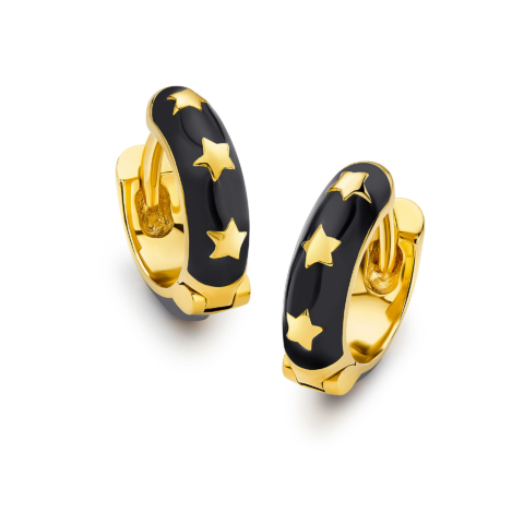 BLACK ENAMEL STAR HUGGIE HOOP EARRINGS