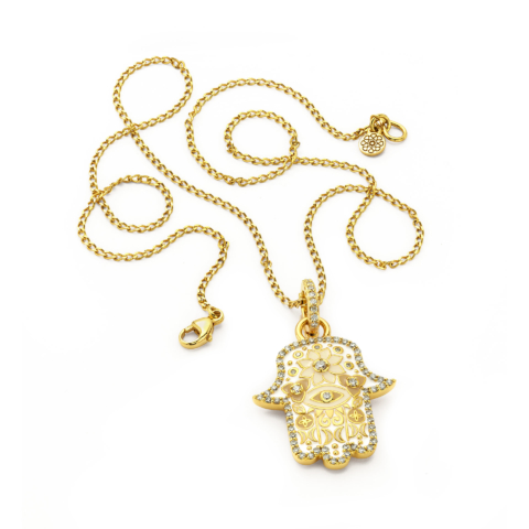 BABY WHITE AND BEIGE HAMSA PENDANT WITH DIAMONDS