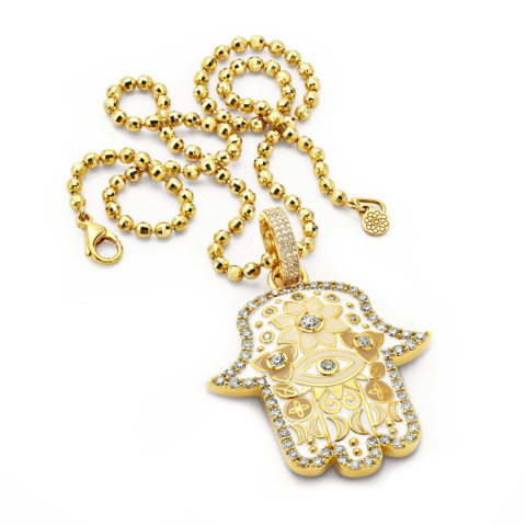 MEDIUM WHITE AND BEIGE HAMSA PENDANT WITH DIAMONDS
