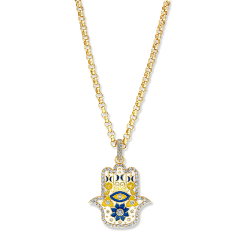 BABY WHITE AND YELLOW HAMSA PENDANT WITH DIAMONDS