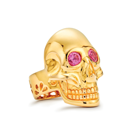 GOLD SKULL RING WITH PINK SAPPHIRE EYES