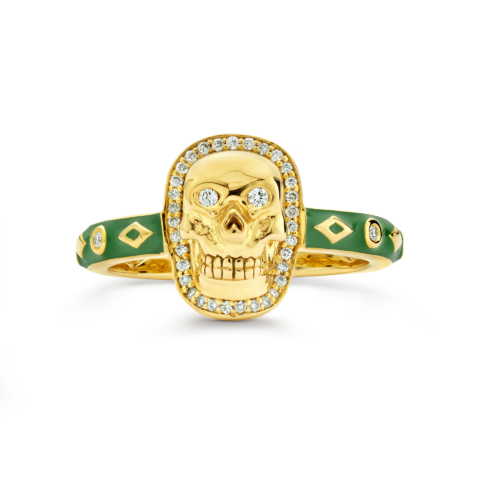 BABY SKULL RING WITH GOLD, DIAMONDS AND KELLEY GREEN ENAMEL
