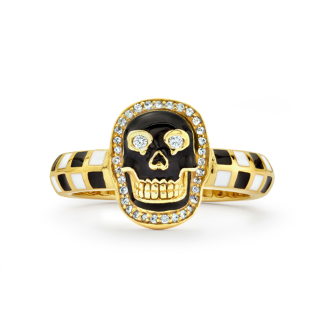 BABY SKULL RING WITH CHECKERED BLACK AND WHITE BAND, DIAMONDS