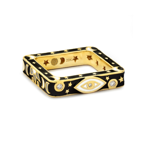 EVIL EYE SQUARE BAND RING WITH BLACK ENAMEL AND DIAMONDS