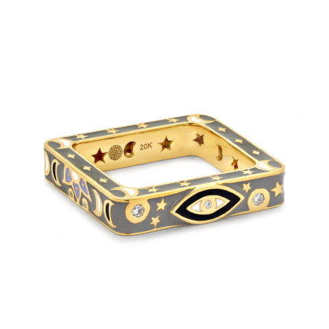 EVIL EYE SQUARE BAND RING WITH GREY ENAMEL AND DIAMONDS