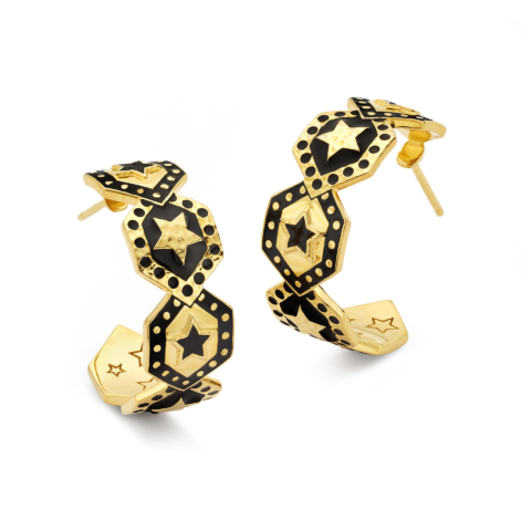 STAR SHIELD HOOP EARRINGS WITH BLACK ENAMEL