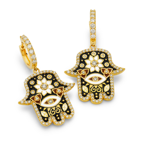 BLACK HAMSA EARRINGS WITH ENAMEL AND DIAMONDS