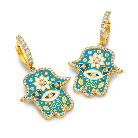SKY BLUE HAMSA EARRINGS WITH ENAMEL AND DIAMONDS