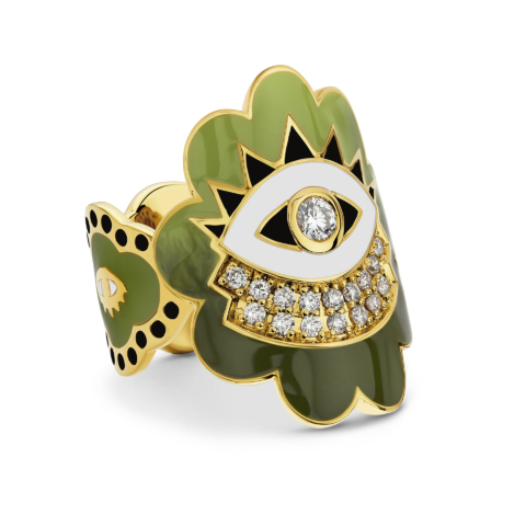 EVIL EYE SCALLOPED WRAP RING WITH DIAMONDS AND ENAMEL