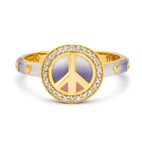 OMBRE PEACE SIGN SKINNY BAND RING WITH DIAMONDS AND ENAMEL