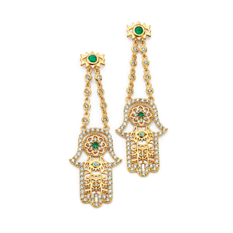 FILIGREE HAMSA EARRINGS WITH AQUAMARINE AND DIAMONDS