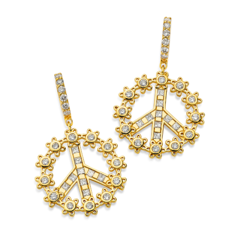 FLOWER PEACE SIGN HUGGIE EARRINGS WITH DIAMOND ROUNDS AND SQUARES