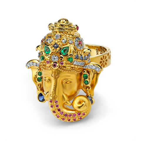 GOLD GANESHA RING WITH DIAMONDS, SAPPHIRE AND EMERALDS