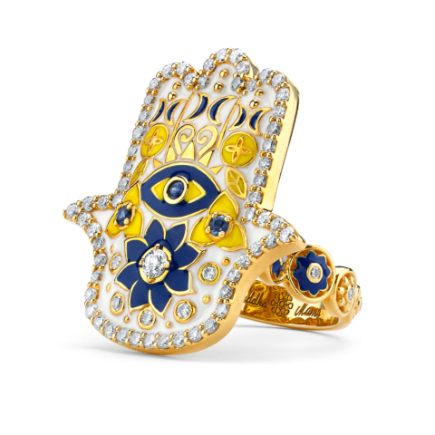 HAMSA RING WITH WHITE AND YELLOW ENAMEL AND DIAMOND ACCENTS