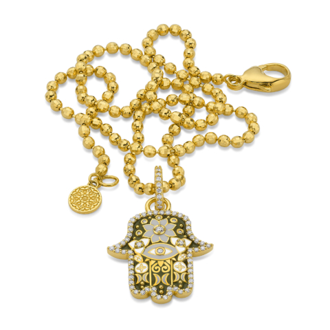 BABY ARMY GREEN HAMSA PENDANT WITH DIAMONDS